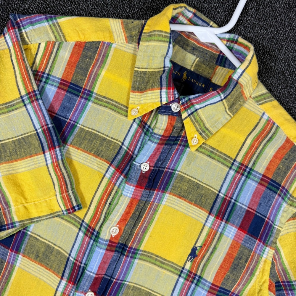 Polo Ralph Lauren 100% Linen Short Sleeve Button Up Shirt Men's S Yellow Plaid